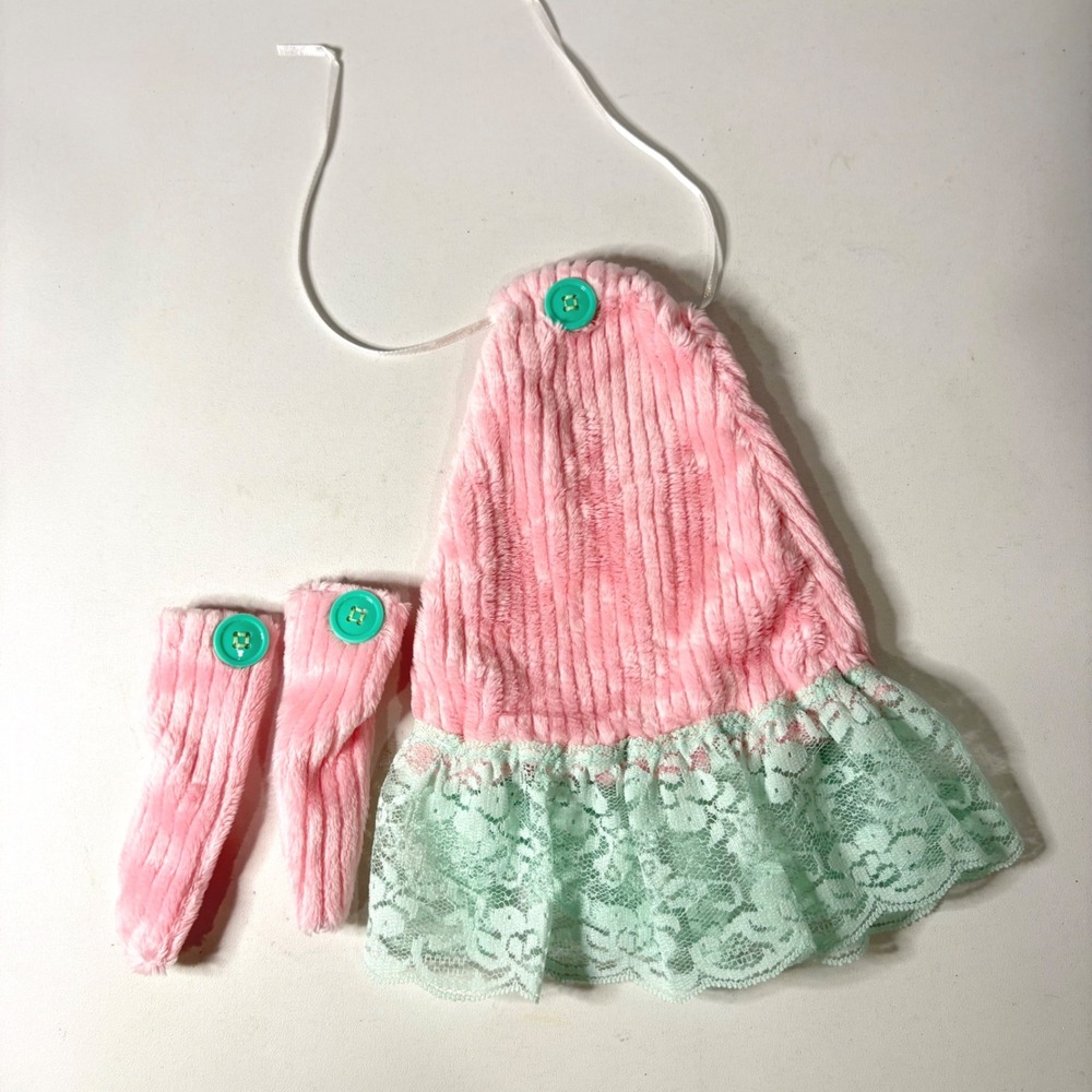 Handmade 14 in Doll Clothes Pink Plush Dress Mint Lace Ruffle & Leg Warmers Set